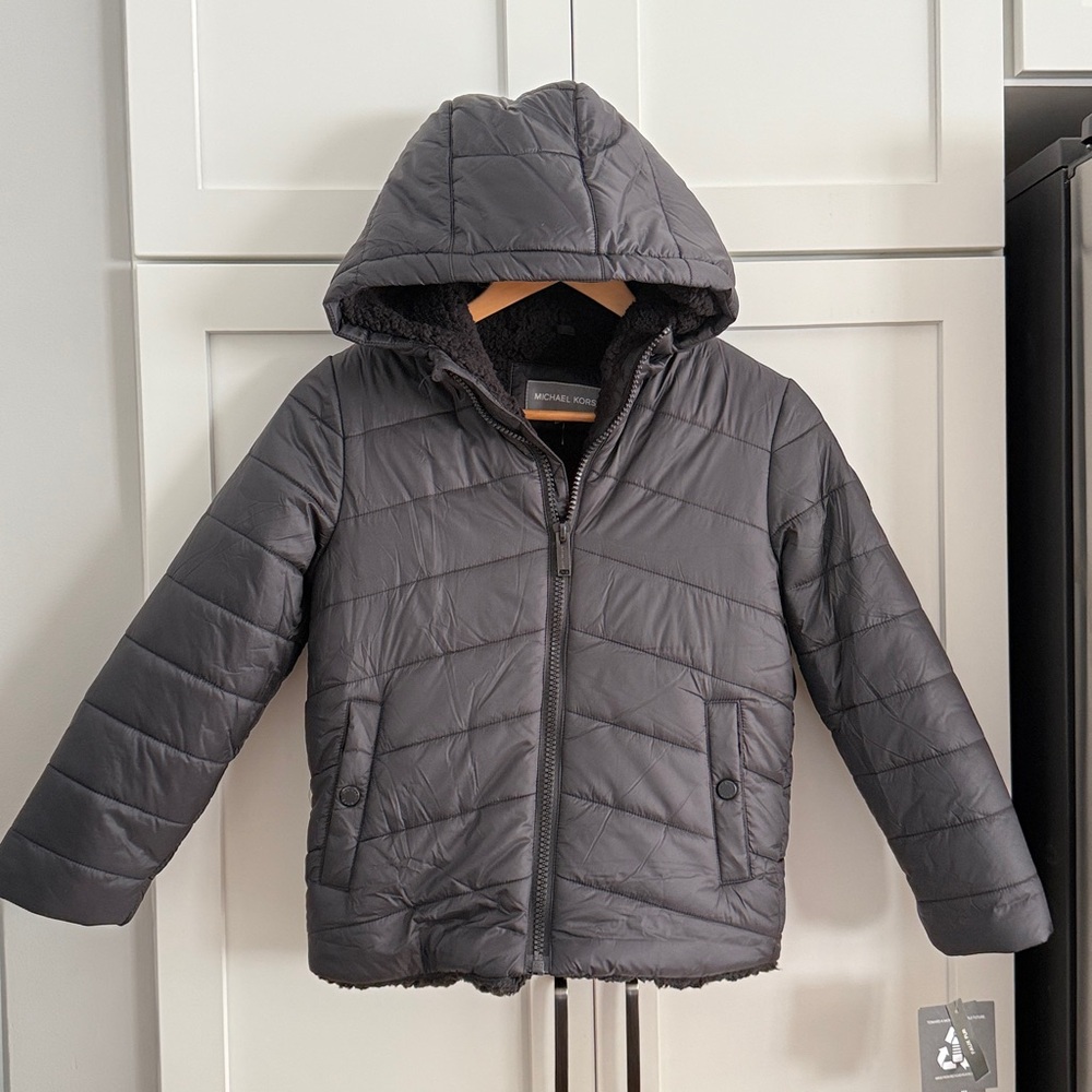 New! Michael Kors Charcoal Quilted Hooded Jacket